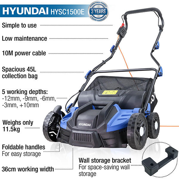 Hyundai HYSC1500E 36cm Electric Lawn Scarifier - 1500W