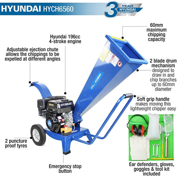Hyundai HYCH6560 196cc 60mm Petrol Wood Chipper