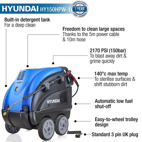 Hyundai HY150HPW-1 2170psi 140°C Hot Pressure Washer - 2800W