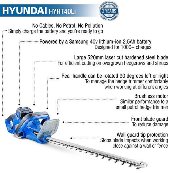 Hyundai HYHT40LI 40v Cordless Hedge Trimmer Kit