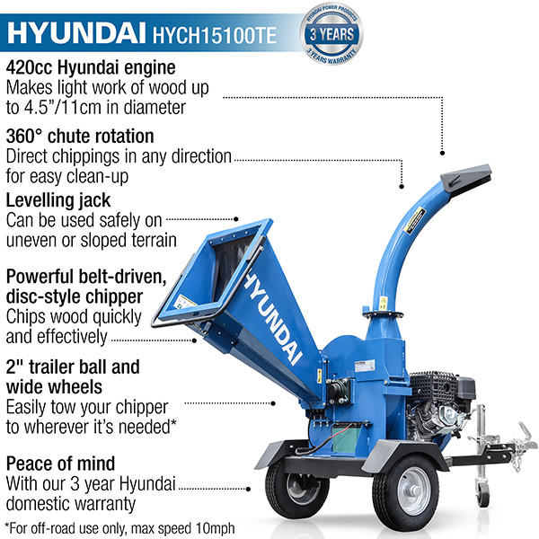 Hyundai HYCH15100TE 420cc 110mm Electric Start Petrol Wood Chipper