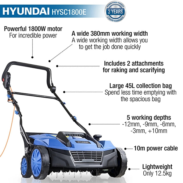 Hyundai HYSC1800E 38cm Electric Lawn Scarifier - 1800W