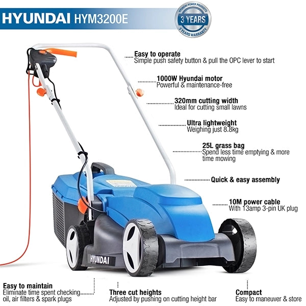 Hyundai HYM3200E 32cm Electric Lawn Mower - 1000W
