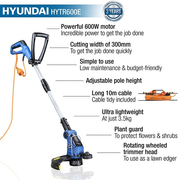 Hyundai HYTR600E 30cm Corded Electric Grass Trimmer - 600W