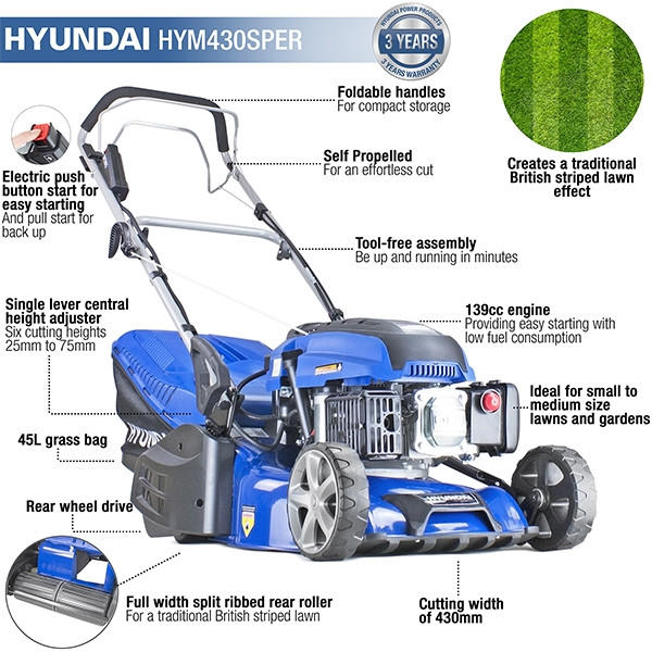 Hyundai HYM430SPER 17"/43cm Electric Start Self-Propelled Petrol Lawn Mower