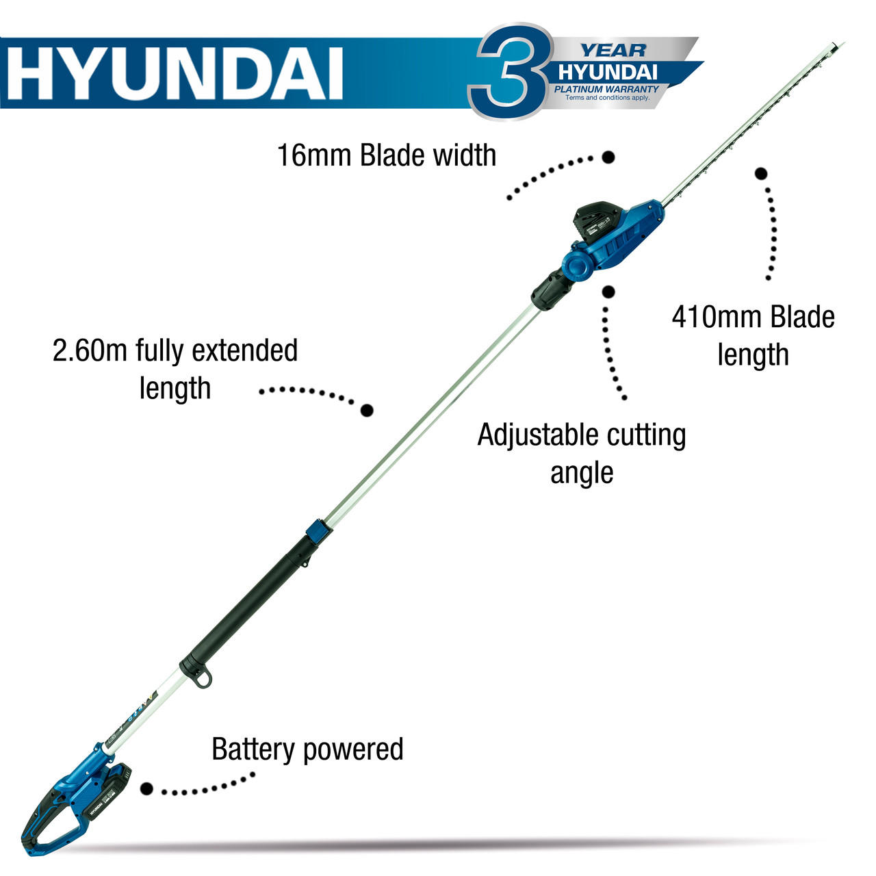 Hyundai HY2191 20V Cordless Long-Reach Hedge Trimmer Kit