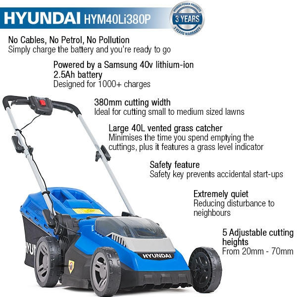 Hyundai HYM40LI380P 38cm 40v Cordless Lawn Mower Kit