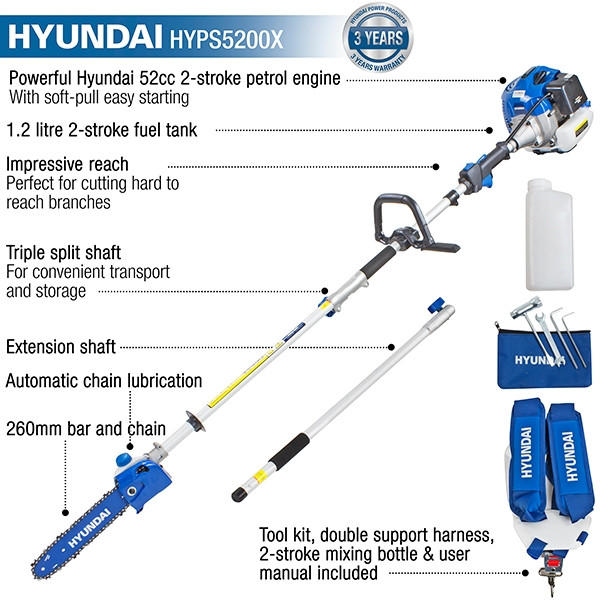 Hyundai HYPS5200X 52cc Petrol Pole Saw Pruner